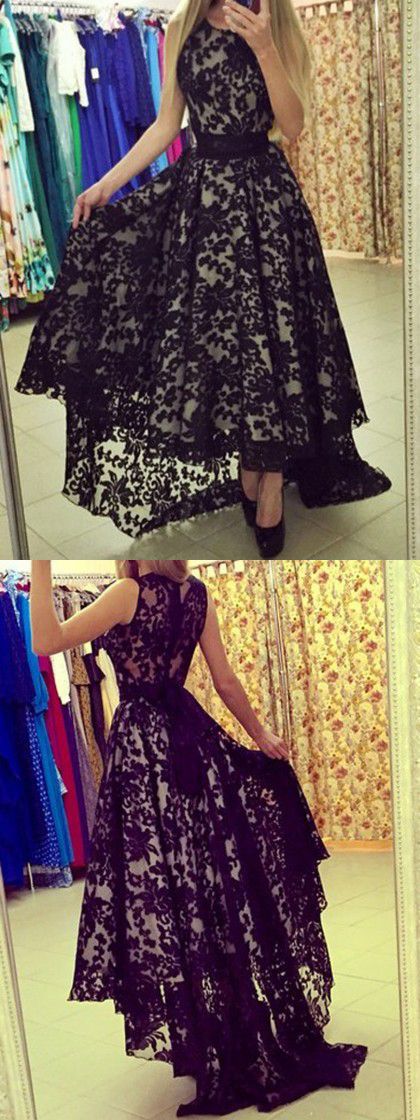 sleeveless high low belted black lace dress